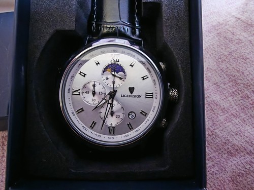 ⚫️ - Orologio Lige Quarzo Cronografo Uomo Cinturino Pelle Elegante Nero - Foto 2 di 5