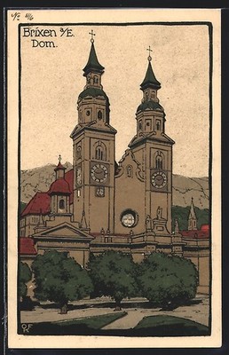 Stone print postcard Bressanone, Cathedral seen from the park 1918 