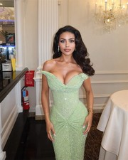 Glitter Off Shoulder Sequin Prom Dresses Mermaid Exquisite Sweep Train Evening