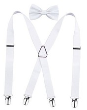 Men's 4 Clips X-Back Solid Suspenders Pre Tied Bow Tie Set Elastic 078-white