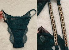 XL VICTORIA'S Secret SHINE STRAP Brazilian Panty RHINESTONES  CHAINS Green Lace