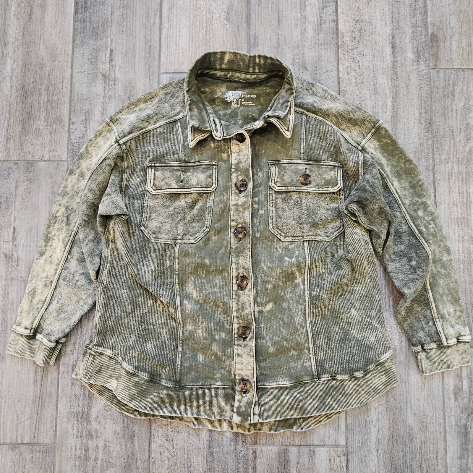 Pilcro Anthropologie Distressed Shirt Jacket Shacket Olive Green Size M Grunge