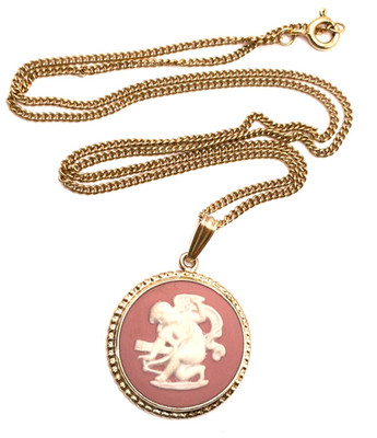 Vintage Pink Wedgwood STSilver Gilt Cupid Stringing His Bow Pendant Necklace