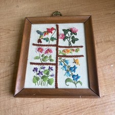 Vintage Crewel Floral Hand Embroidery Wood Framed Flowers Nature MCM Cute   