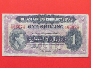 BILLETE COLECCIONABLE DE UN CHELÍN DE ÁFRICA ORIENTAL BRITÁNICO (1943 RARO ESCASO)