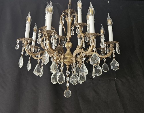 Antique Vintage French Chandelier Brass & Crystals 8 Arms 12 Cieline Light - Picture 9 of 17