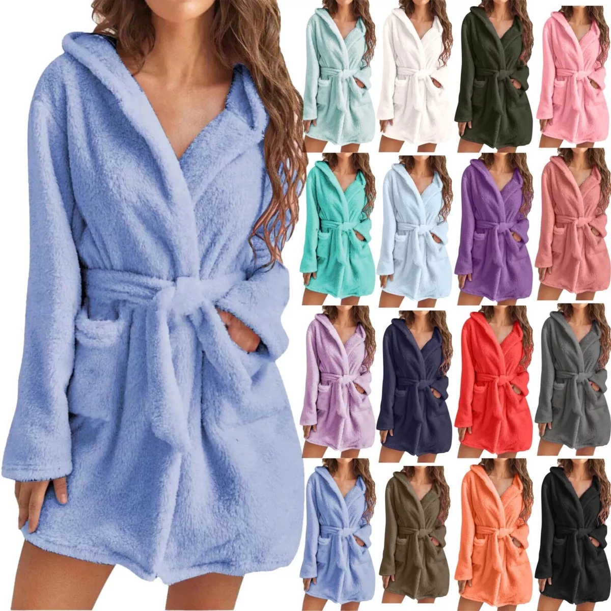 Women's Soft Nightgown Fleece Warm Bath Robes with Waist Belt Plush Short  Robe