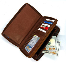 RFID Blocking Leather 2 Zip Wallet Women Credit Card Holder Accordion Organizer