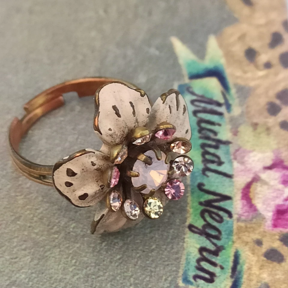 Michal Negrin Ring Romantic Pastel Pink 3D Flower With Swarovski Crystals Shabby - Image 3 of 4