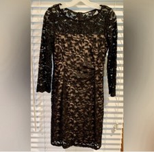 ELIZA J Black Sequined Lace Overlay W/Champagne Under Sheath Cocktail Dress Sz 6
