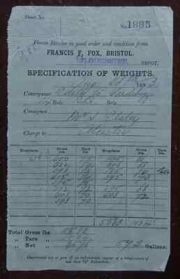 1893 Francis F. Fox, Bristol, Gloucester Depot Receipt