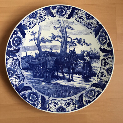 Vintage Delfts Chemkefa Maastricht Delft Deko Wandteller 39 cm Pferd & Wagen