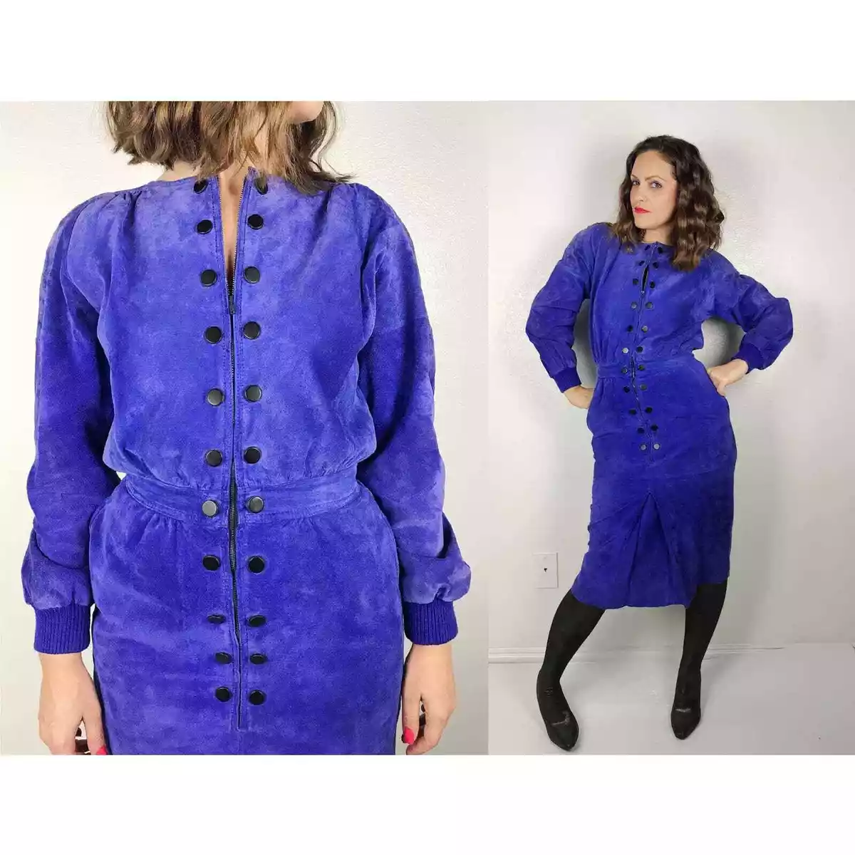 vintage 80s PURPLE Military Suede Leather DRESS Small Med Neiman Marcus rocker
