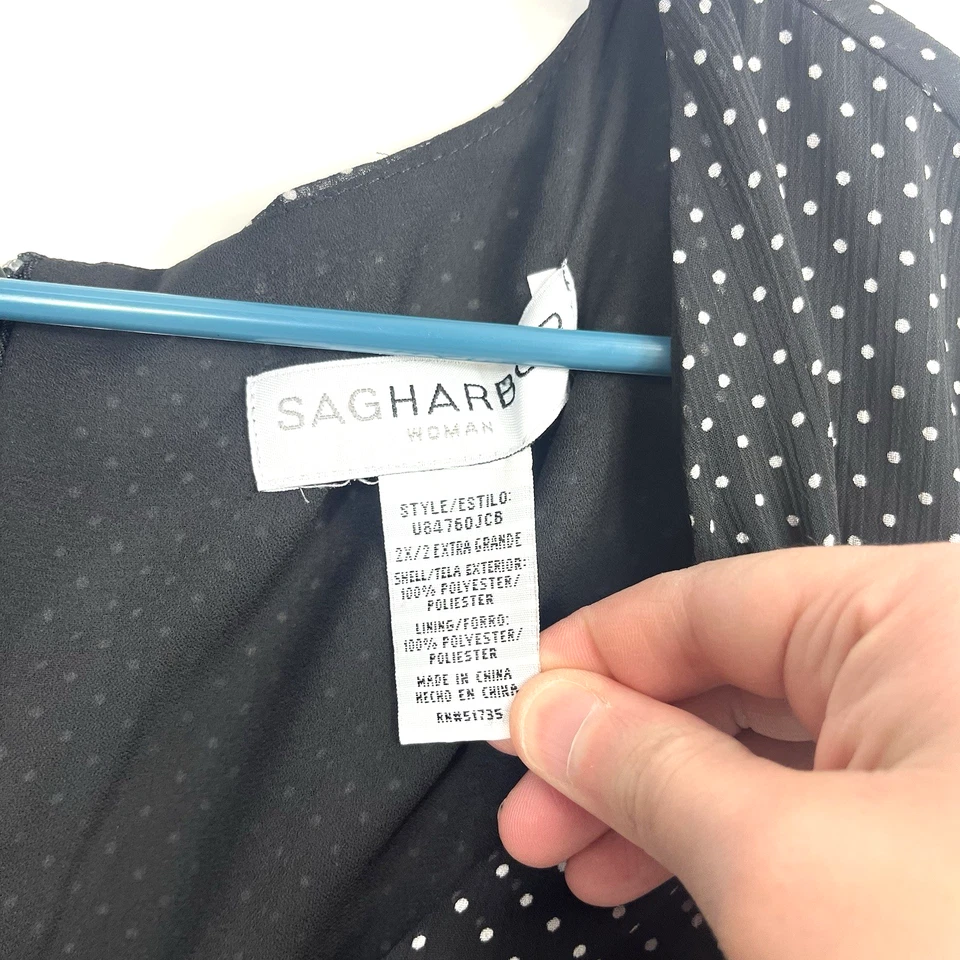 Mujer Sag Harbor Cuello en V Negro Blanco Lunares Volantes Acento Manga Corta Talla 2X Foto 2 de 4