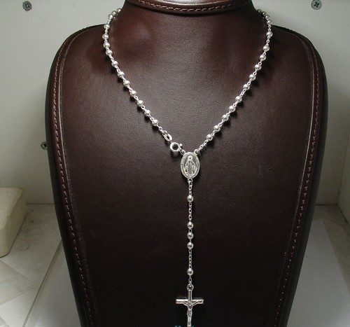4mm 18" Italian Solid Rosary Cross Chain Necklace Real 925 Sterling Silver