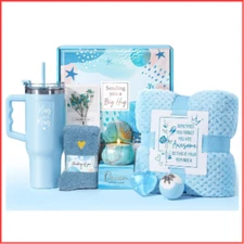SELF CARE GIFT SET Relaxing Spa Basket Flannel Blanket Tumbler Ocean QINLINE
