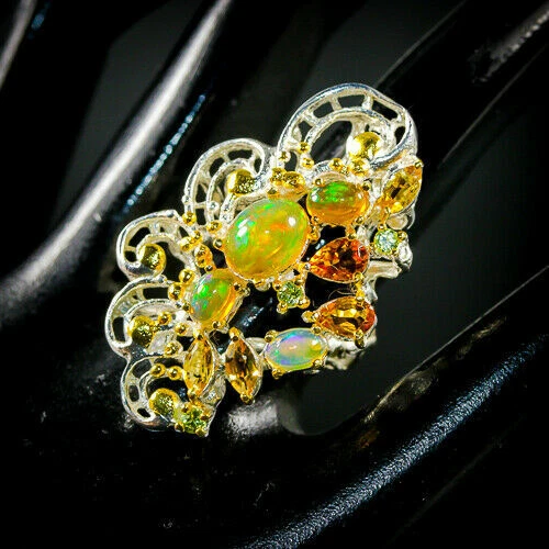 AAA+ FULL FLASH GOLDEN FIRE OPAL CITRINE PERIDOT RING 925 STERLING SILVER SZ 6.5 - Image 2 of 3