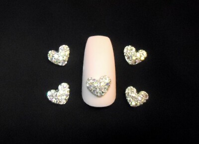 Crystal AB Rhinestone Heart 3D Nail Art Set Of 5 Glass Silver Charms Love 