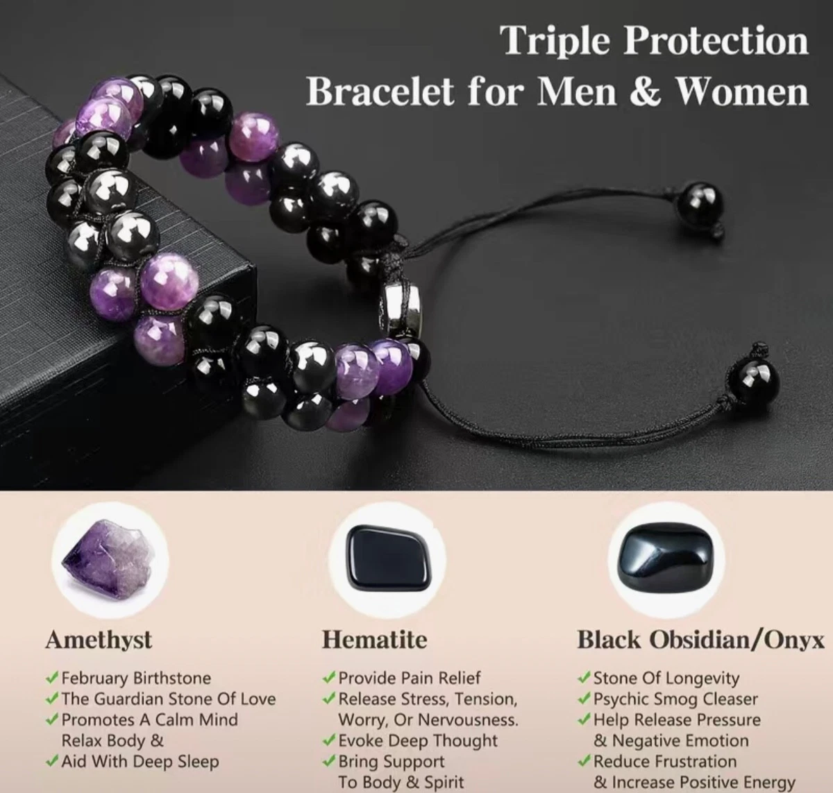 2Pcs Triple Protection Bracelet Amethyst Black Obsidian Hematite Bracelet  Gift