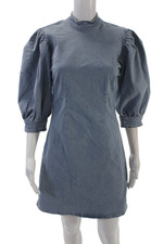 Ganni Womens Cotton Denim Round Neck Long Sleeve Mid-Calf Dress Blue Size 38