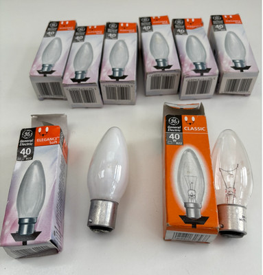 8 x neue 40 Watt GE ''Elegance Soft'' Lampen in Kerzenform BC. Standard Bajonett