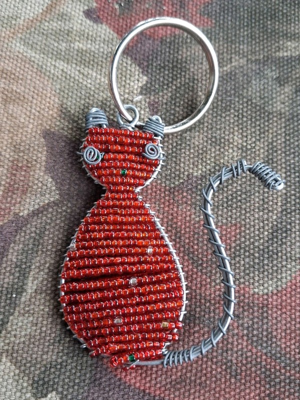 Beaded Red Cat Feline Kitty Cool Tail Ring Keychain  Handmade Unique Gift