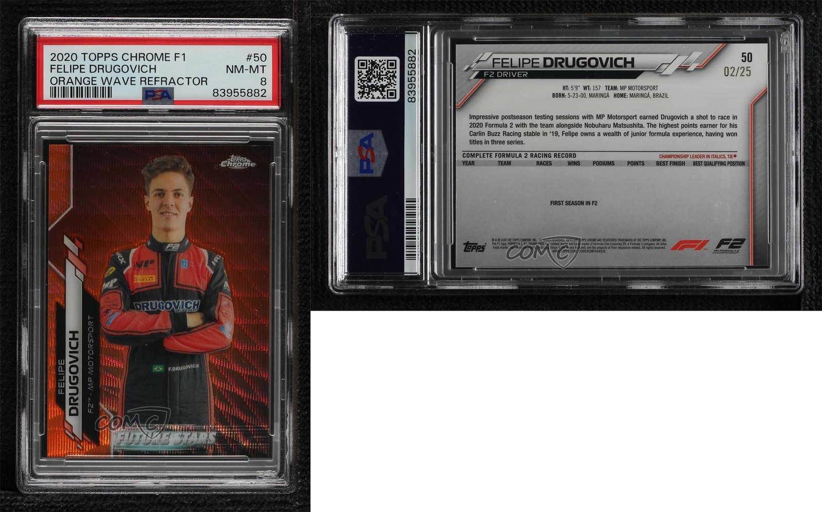 2020 Topps Chrome Formula 1 Orange Wave Refractor 2/25 Felipe Drugovich PSA 8 view 3