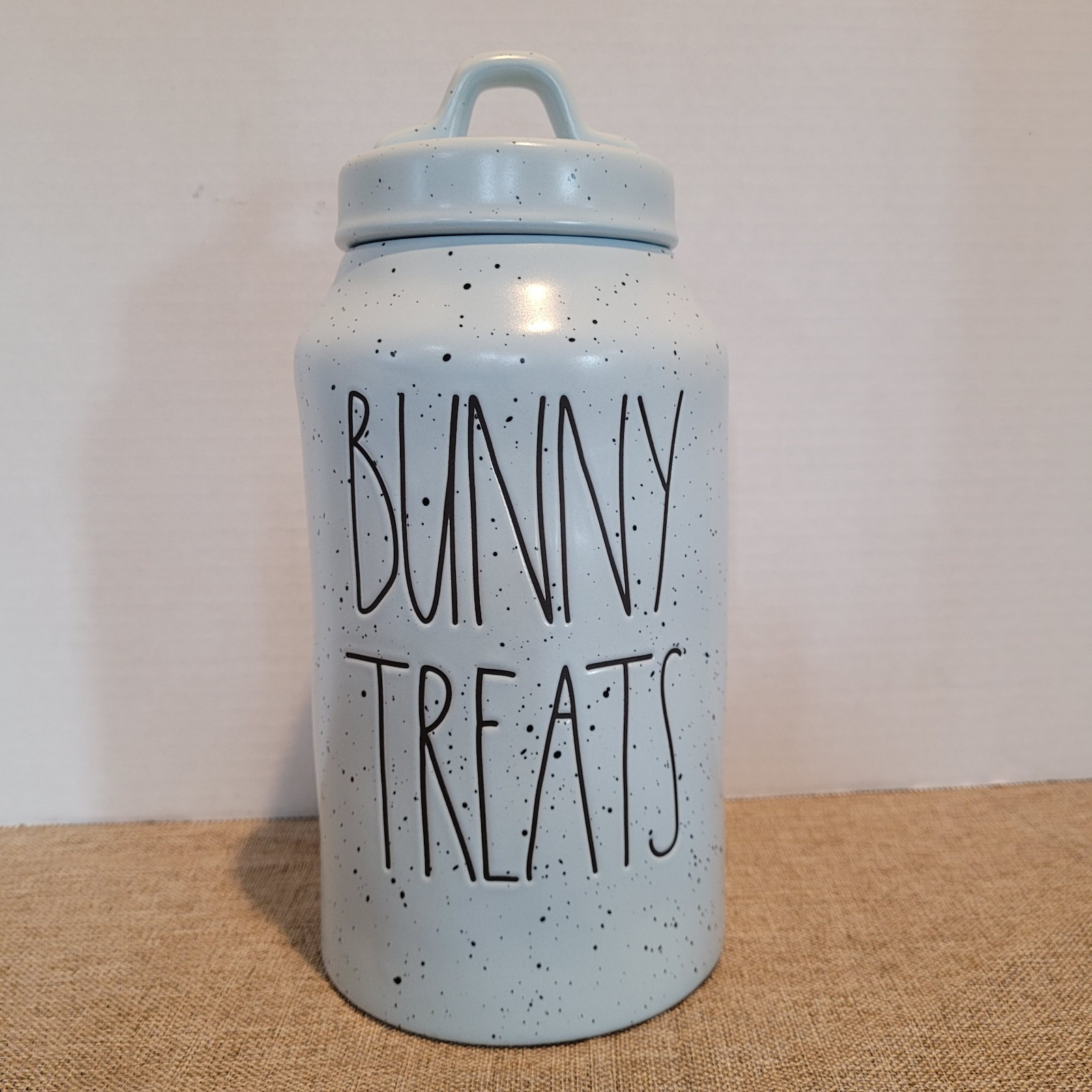 Adorable Rae Dunn Bunny Treats jar light blue with speckles  Rae Dunn \
