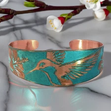 Copper Cuff Bracelet Urbanrose Etched Hummingbird Verdigris Patina Rustic
