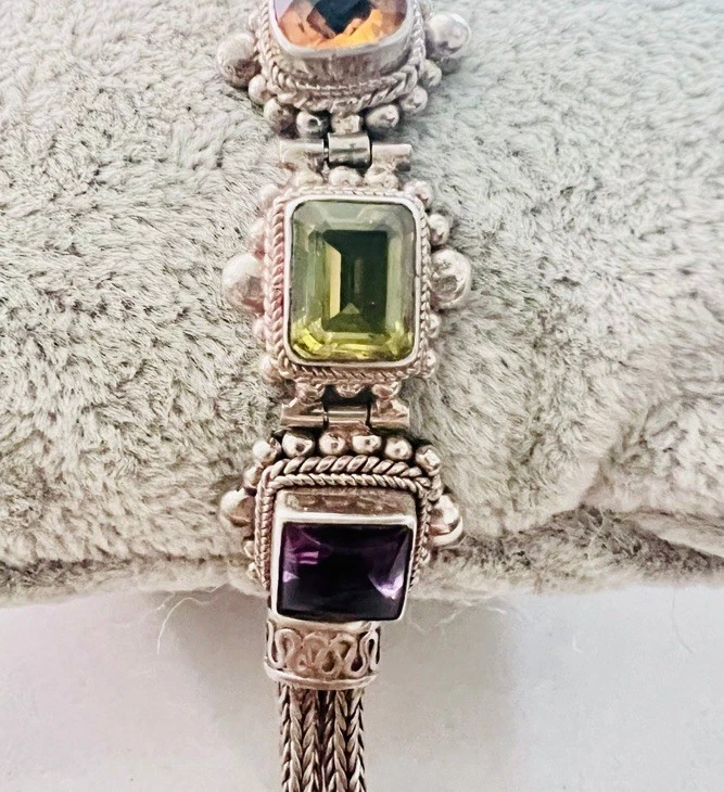 Brazalete Suarti Bali Firmado BA Plata de Ley 925 Multi-Gema Amatista Palanca  Foto 4 de 4