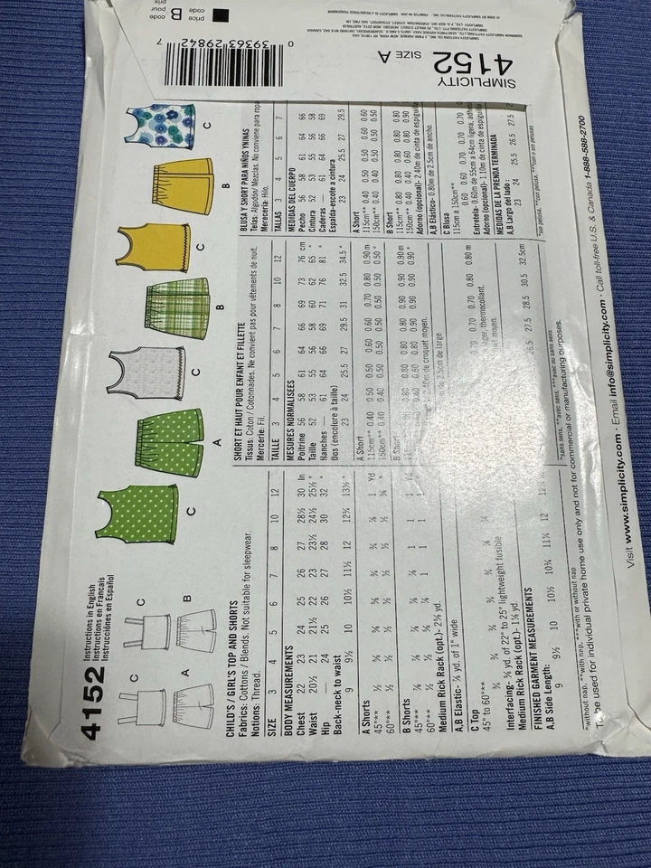 GIRLS CHILDS CUT SIMPLICITY 2910 Sewing Pattern SKORT SHORTS TANK TOP SIZE 3-12 - Image 4 of 4