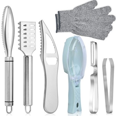 7 Pieces Fish Scaler Brush Remover with Gray Mitten, Stainless Steel Sawtooth...