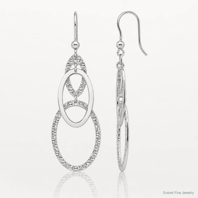 Sterling Silver Rh-Plated Polished/Textured Ovals Dangle Earrings