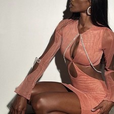 House of CB London Mini Dress Size M Women’s Pink Cutout Rhinestone Long Sleeve