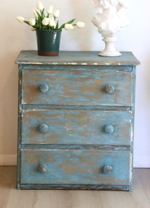 Antique Vintage French Country Primitive Blue Diminutive Chest of Drawers Chippy