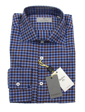 Canali Shirt Mens Large Blue Brown Check Modern Fit Cotton Dress Shirt