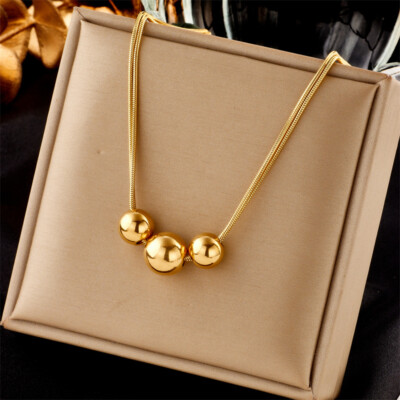 Fashion Women 18K Gold Plated Stainless Steel Round Beads Snake Chain Necklace