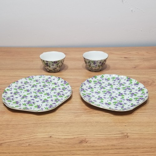 2 China Lefton Chintz Purple Voliolets Snack Plates & Tea Cups Gold Trim Sets - Picture 3 of 12