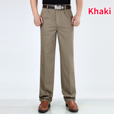 Men Cotton Pleated Pants Trousers Retro Casual Formal Business Straight Leg