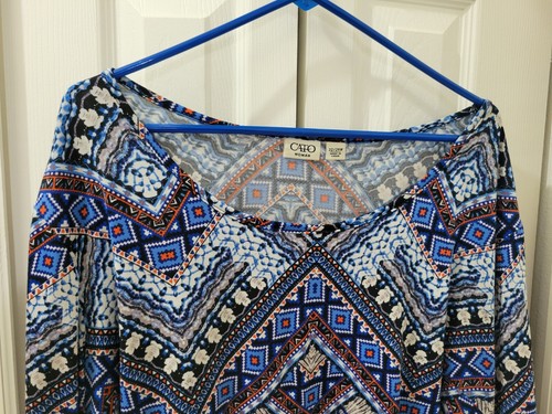 Cato Woman Top Stretch Blue Orange Aztec Print 3/4 Sleeve Plus Size 22/24W - Picture 4 of 13