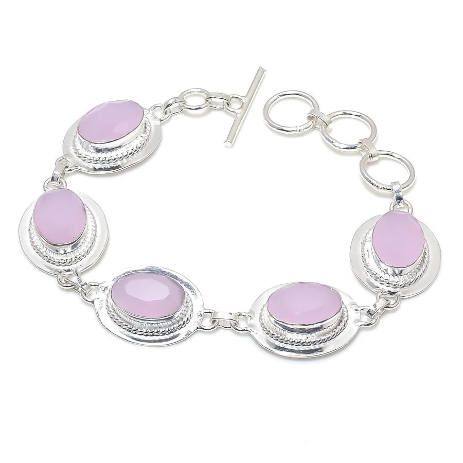 VALENTINO Bracciale gioielli argento sterling 925 fatto a mano pietra rosa quarzo misura 7 8"