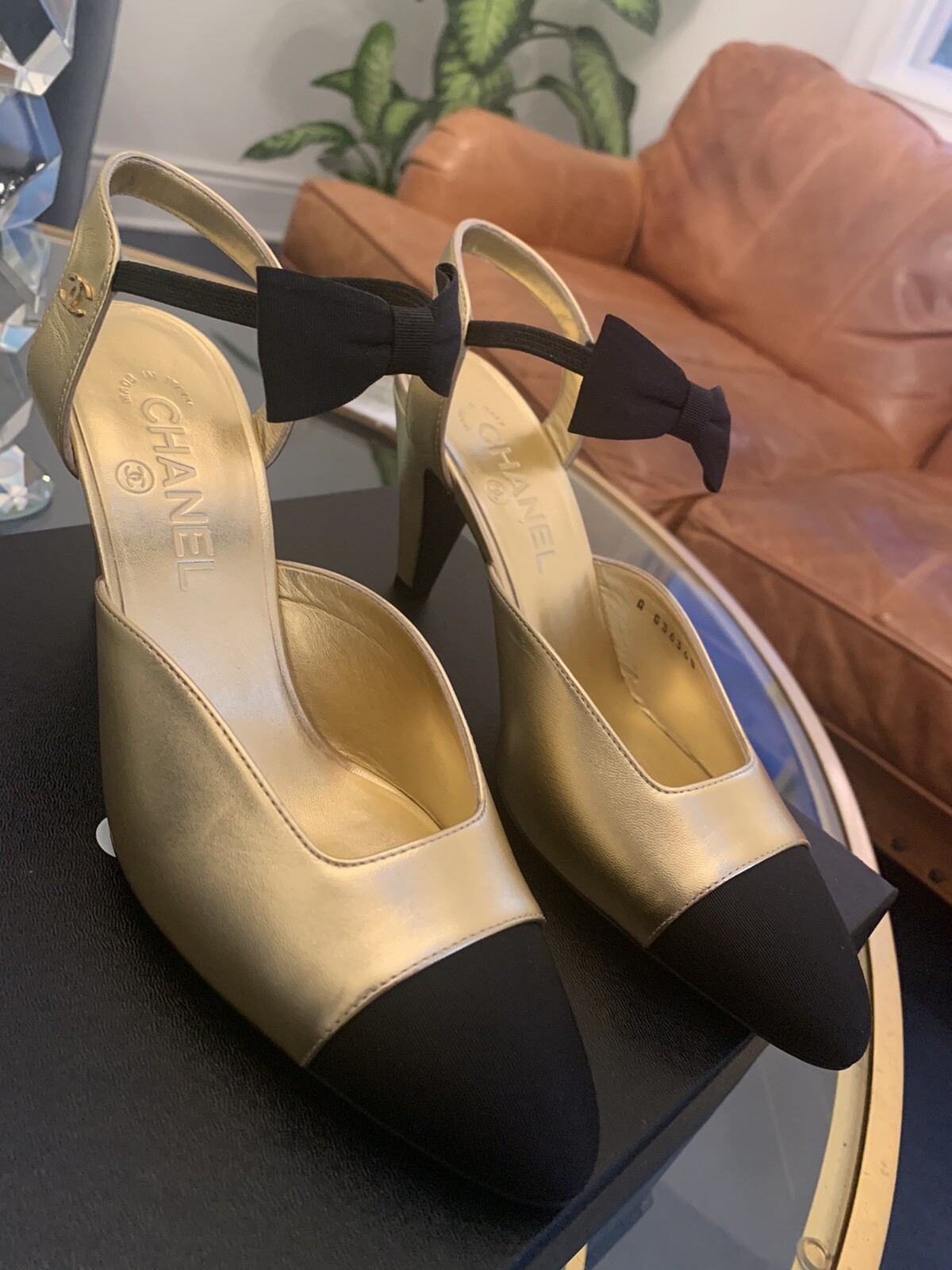 20A CHANEL LOGO Open Pumps Heels with Bow Black/Gold Size 38 New thumbnail 11