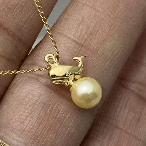 14k Yellow Gold Whale & Genuine Pearl Pendant - Delicate Jewelry Piece