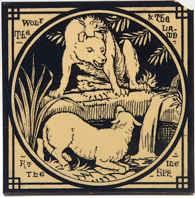 Arts & Crafts Kamin Kachel Aesops Fabeln Der Wolf und das Lamm Mintons um 1875