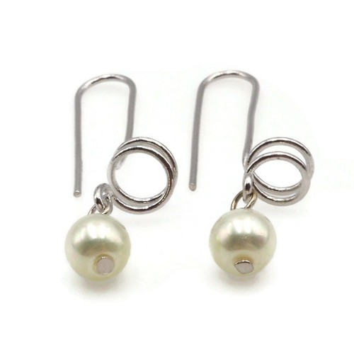 Silver Tone Faux White 6mm Pearl Long Wire Dangle Drop Fashion Earrings - Picture 6 of 13