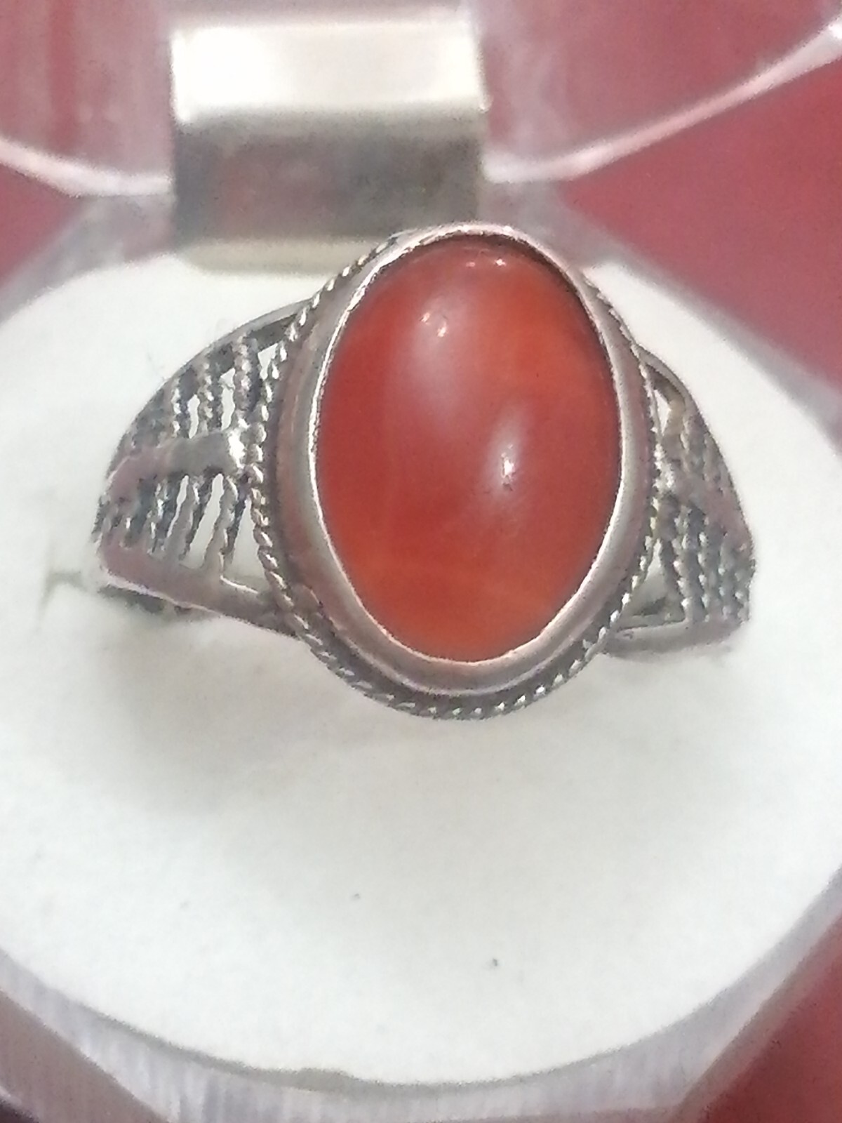 Lovely Openwork Solid Silver Cabochon Carnelian R… - image 1
