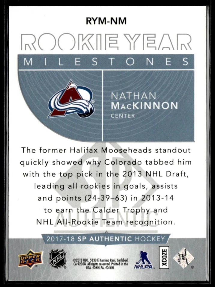 2017-18 SP Authentic Rookie Year Milestones Nathan MacKinnon #RYM-NM H4R2E - Image 2 of 2
