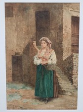 Acquerello antico - scuola italiana - dama che regge un cesto. Firmato