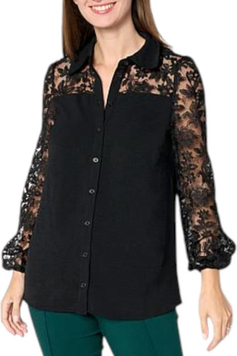 Nina Leonard Women's Textured Wave & Embroidered Mesh Top Black