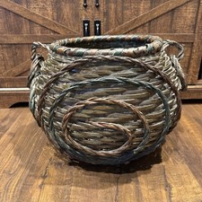 Vintage Primitive Wicker Weaved Gathering Multicolor Basket w/ Swirl and Handles